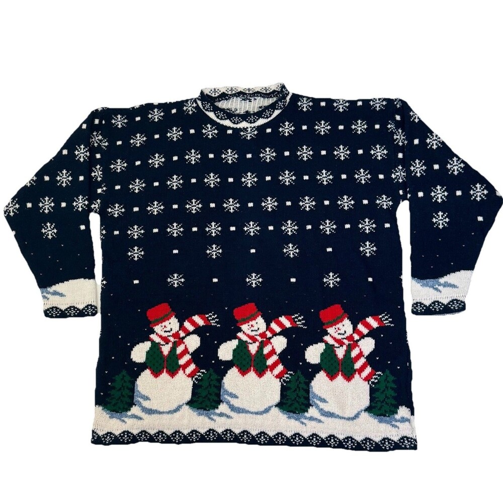 Vintage Adele Knit Christmas Sweater Snowman Snowflake Navy USA Acrylic Large?